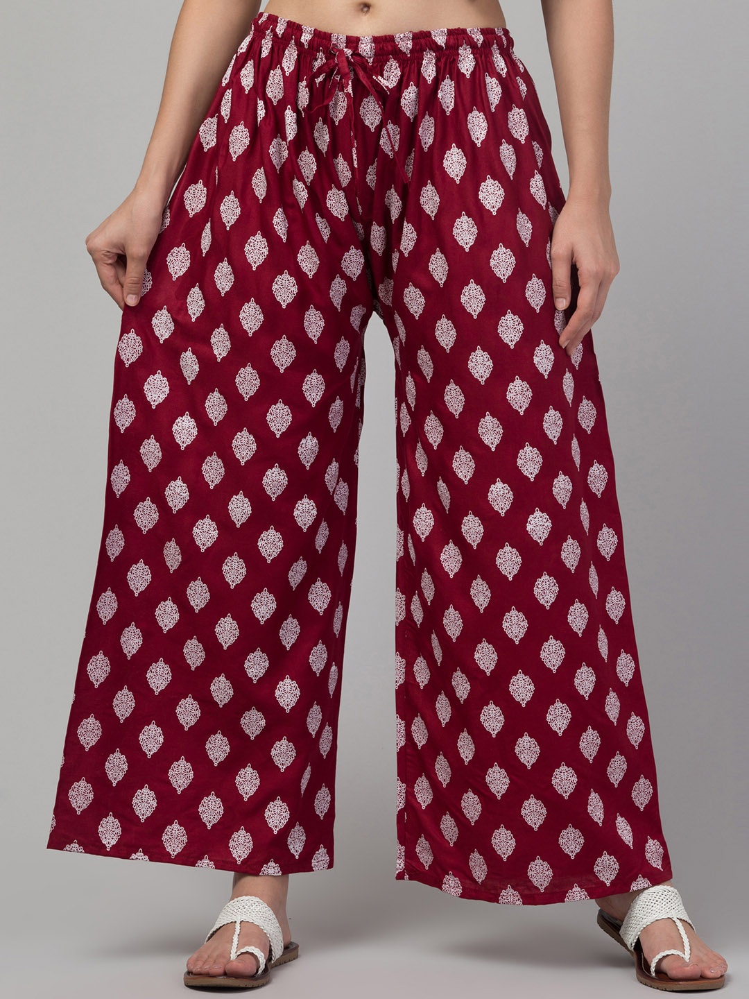 

FAMBEE Women Printed Flared Knitted Palazzos, Maroon
