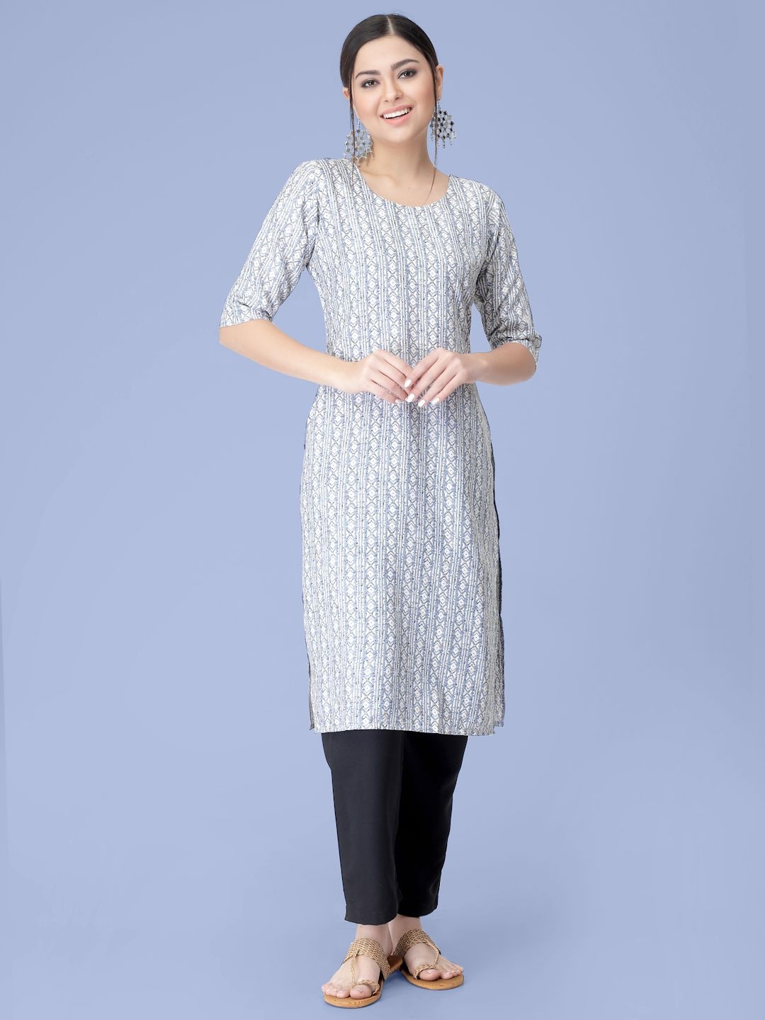

7Threads Geometric Printed Round Neck Straight Kurta with Trouser, White