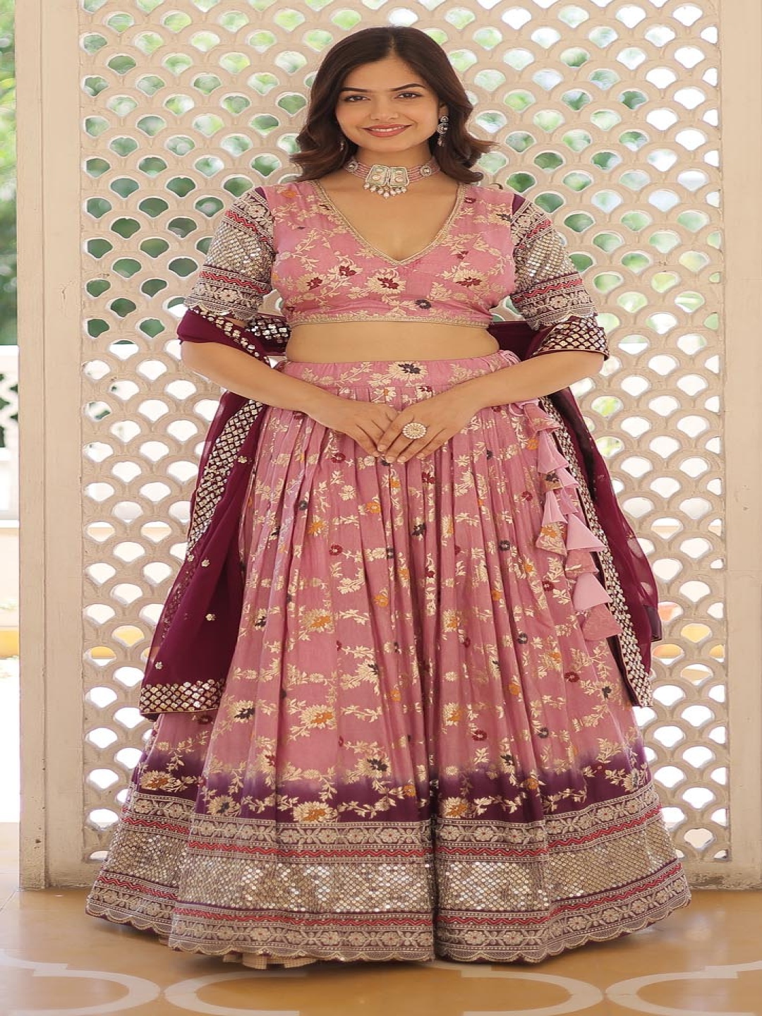 

Ethnic Yard Sequinned Semi-Stitched Lehenga & Unstitched Blouse With Dupatta, Pink