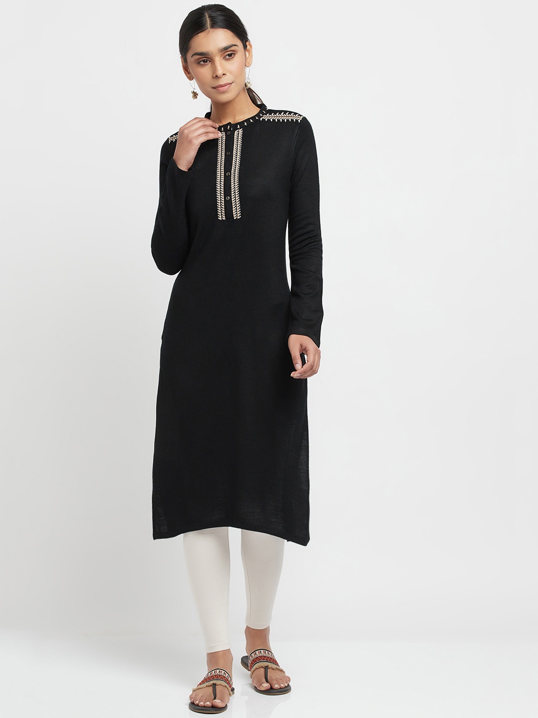 

W Yoke Design Thread Work Acrylic Straight Kurta, Black