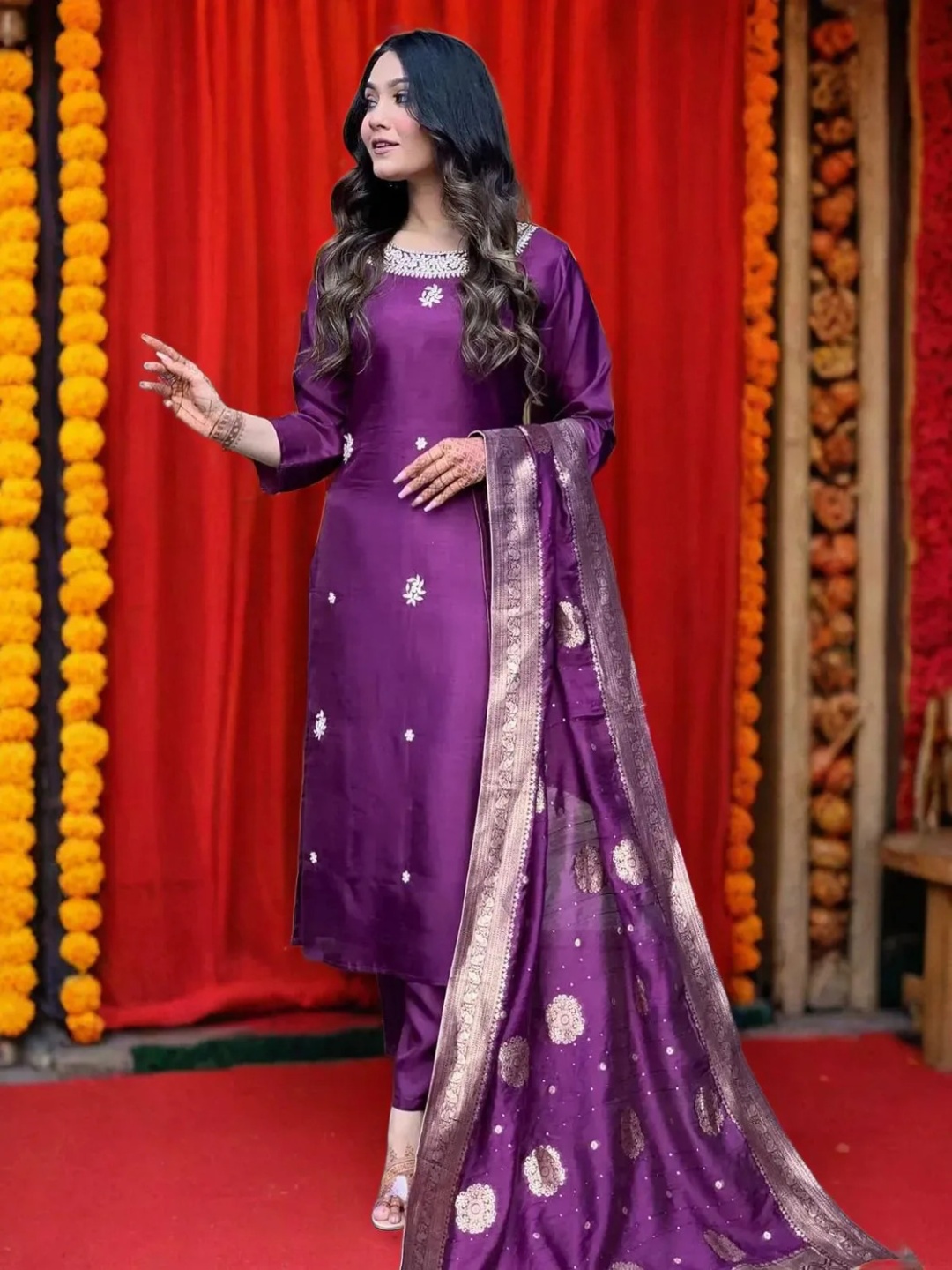 

KALINI Floral Embroidered Round Neck Straight Kurta With Trousers & Duppatta, Purple