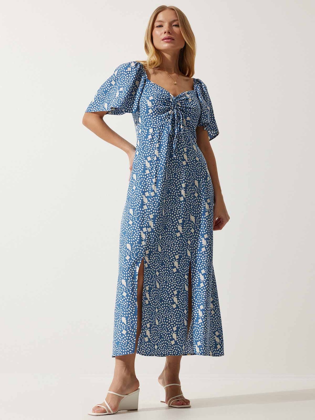 

Happiness istanbul Floral Printed Flared Sleeve A-Line Midi Dress, Blue