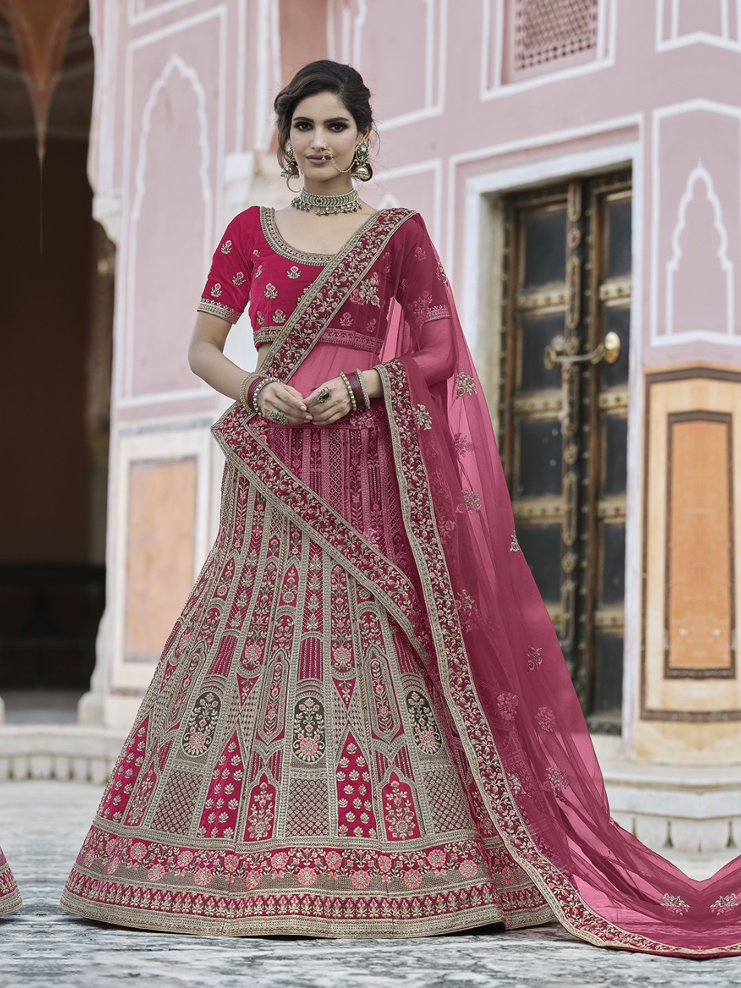 

Fusionic Embroidered Velvet Semi-Stitched Lehenga & Unstitched Blouse With Dupatta, Pink