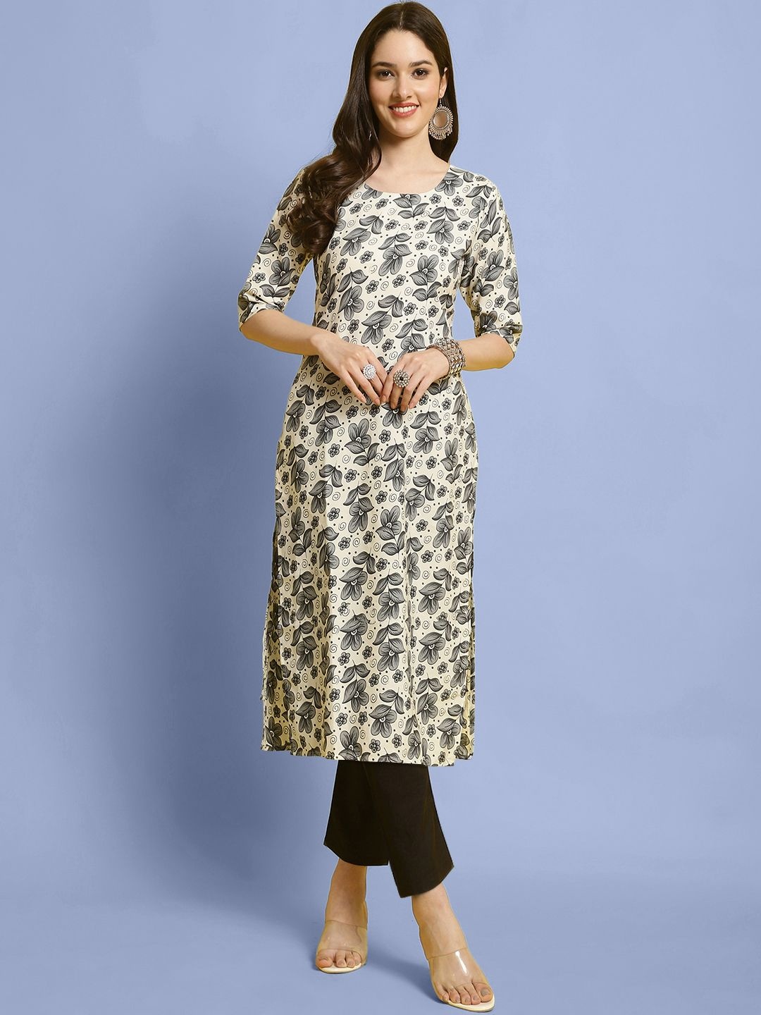 

7Threads Floral Printed Round Neck Straight Kurta With Trousers, Black