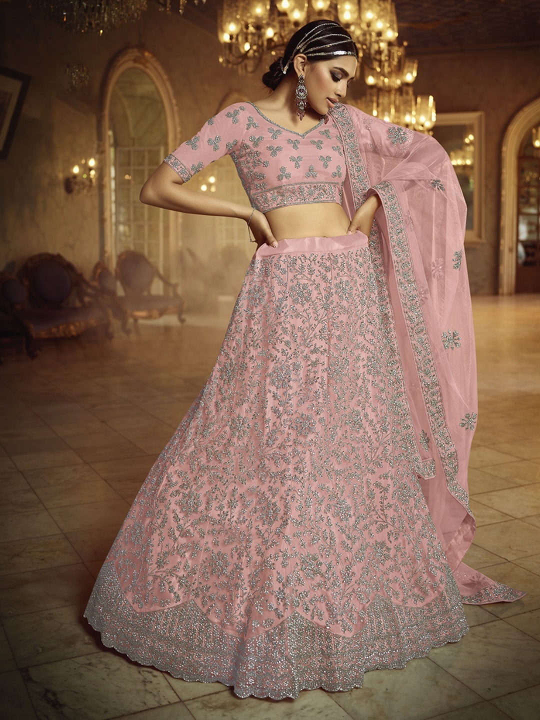 

Fusionic Embroidered Net Semi-Stitched Lehenga & Unstitched Blouse With Dupatta, Pink