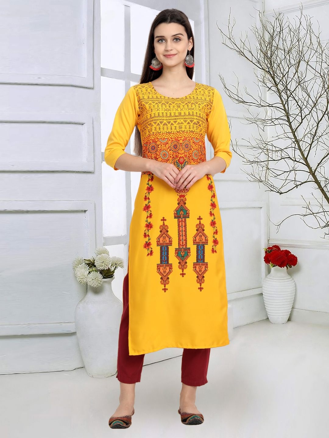 

7Threads Ethnic Motifs Printed Round Neck Straight Crepe Kurta, Yellow