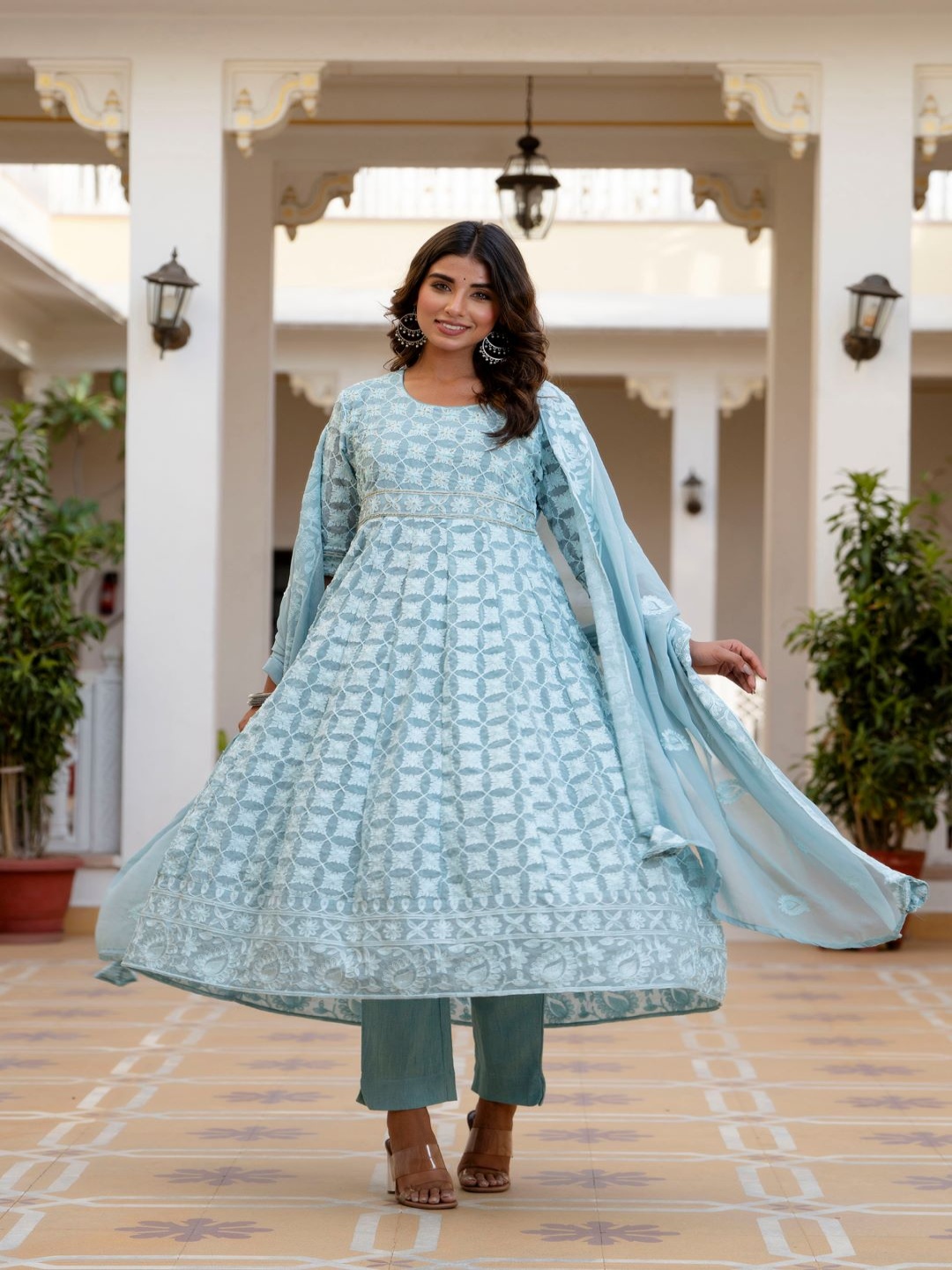 

Chandbaali Floral Embroidered Anarkali Thread Work Georgette Kurta with Trousers &Dupatta, Blue