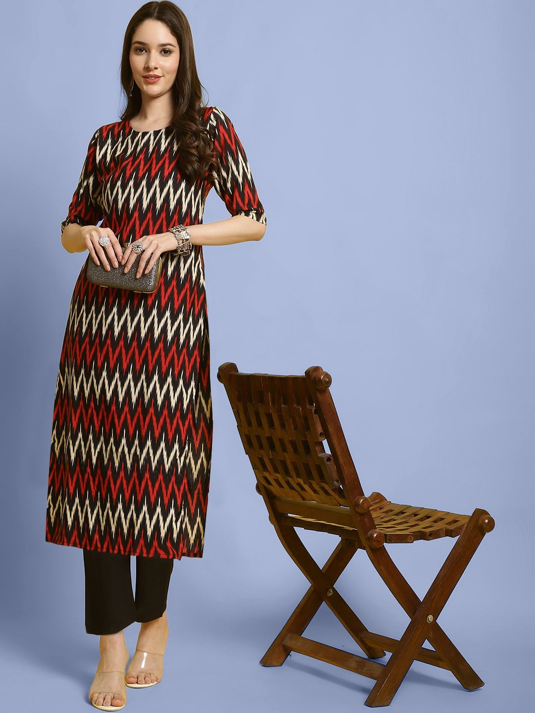 

7Threads Chevron Printed Round Neck Kurta And Trousers, Black