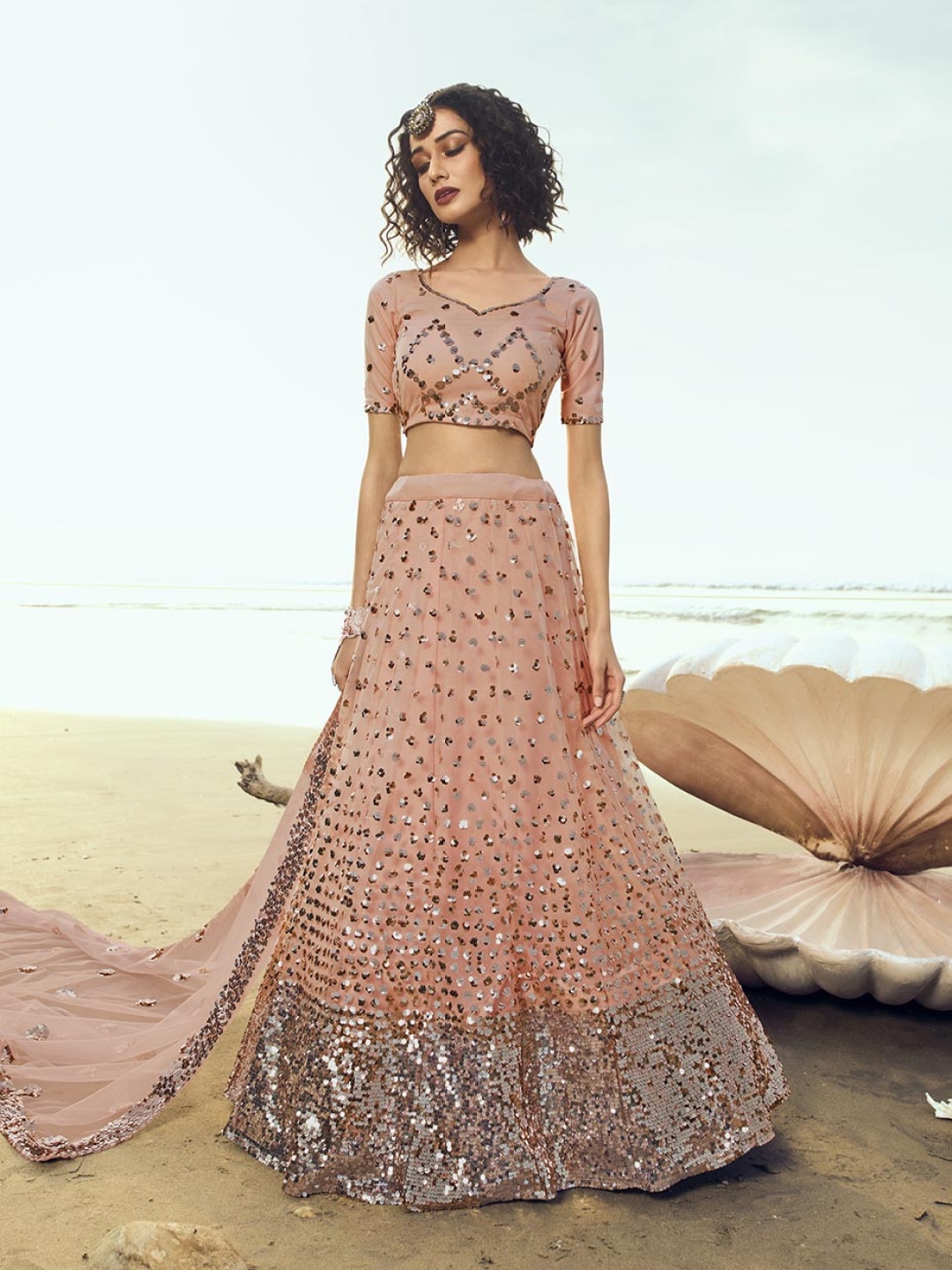 

Fusionic Embroidered Sequinned Net Semi-Stitched Lehenga & Unstitched Blouse With Dupatta, Peach