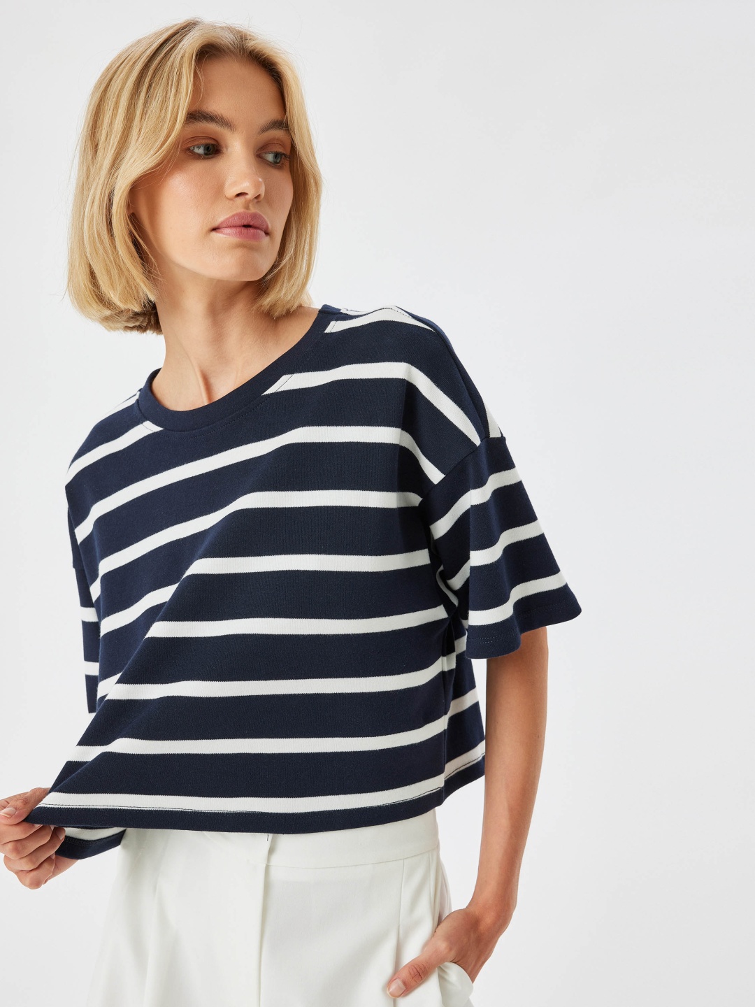 

Koton Women Striped Pure Cotton T-shirt, Navy blue