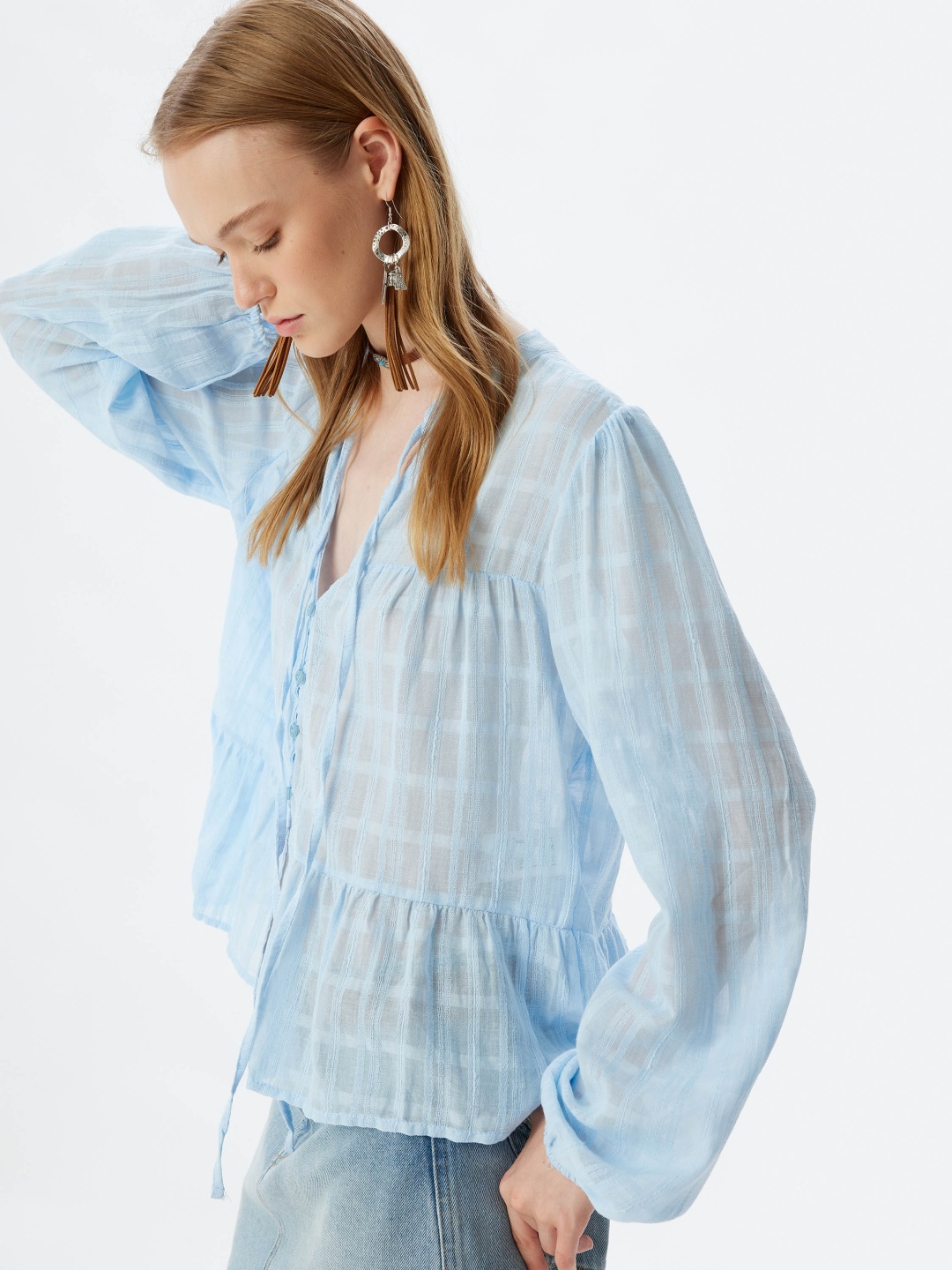 

Koton Tie-Up Neck Cotton Checked Shirt Top, Blue