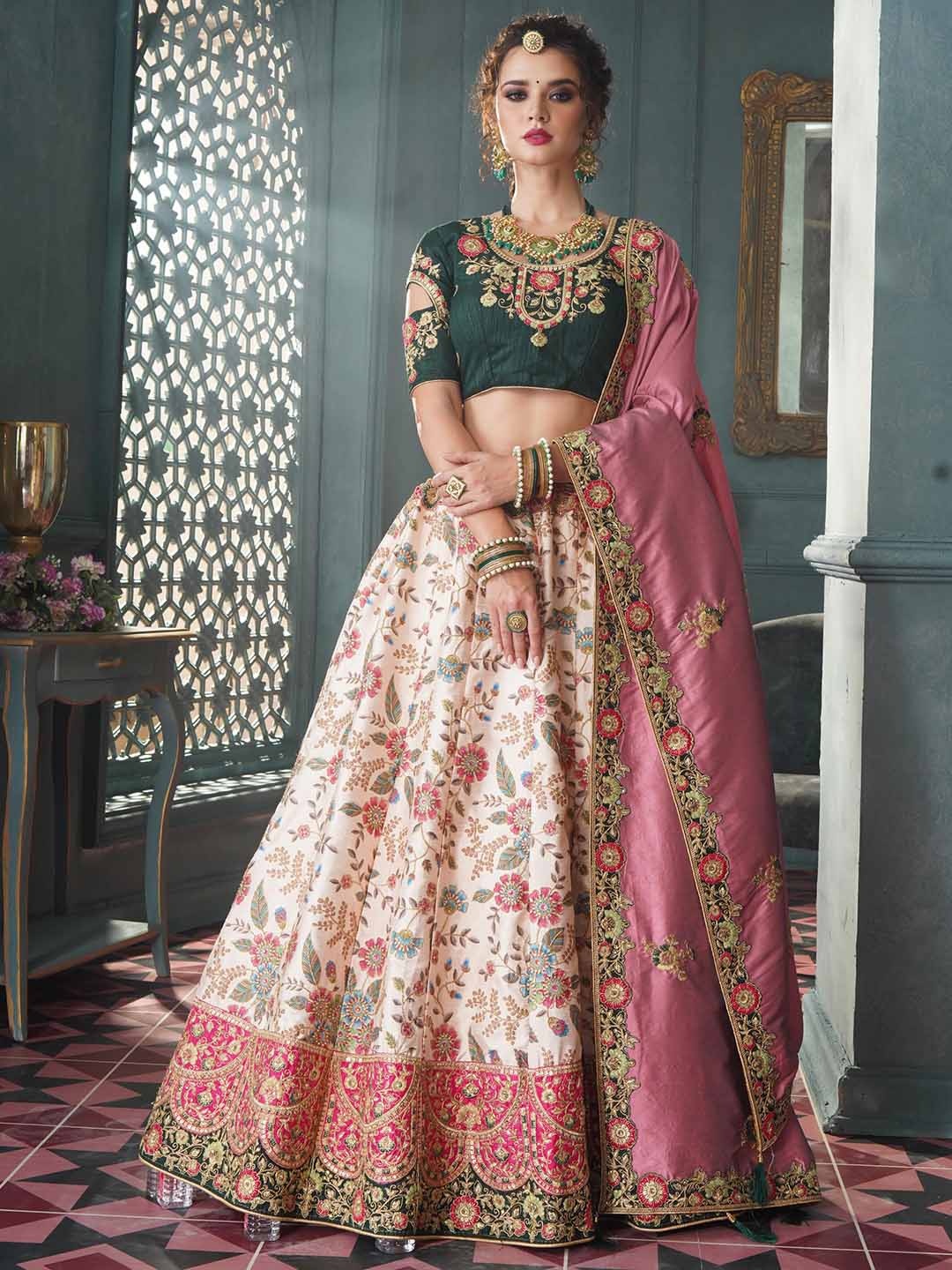 

cbazaar Floral Embroidered Ready to Wear Lehenga & Blouse With Dupatta, Green