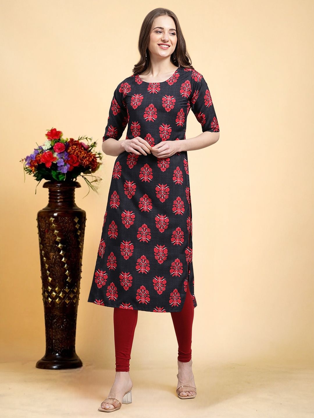 

7Threads Women Ethnic Motifs Printed Mirror Work Floral Crepe Kurta, Blue