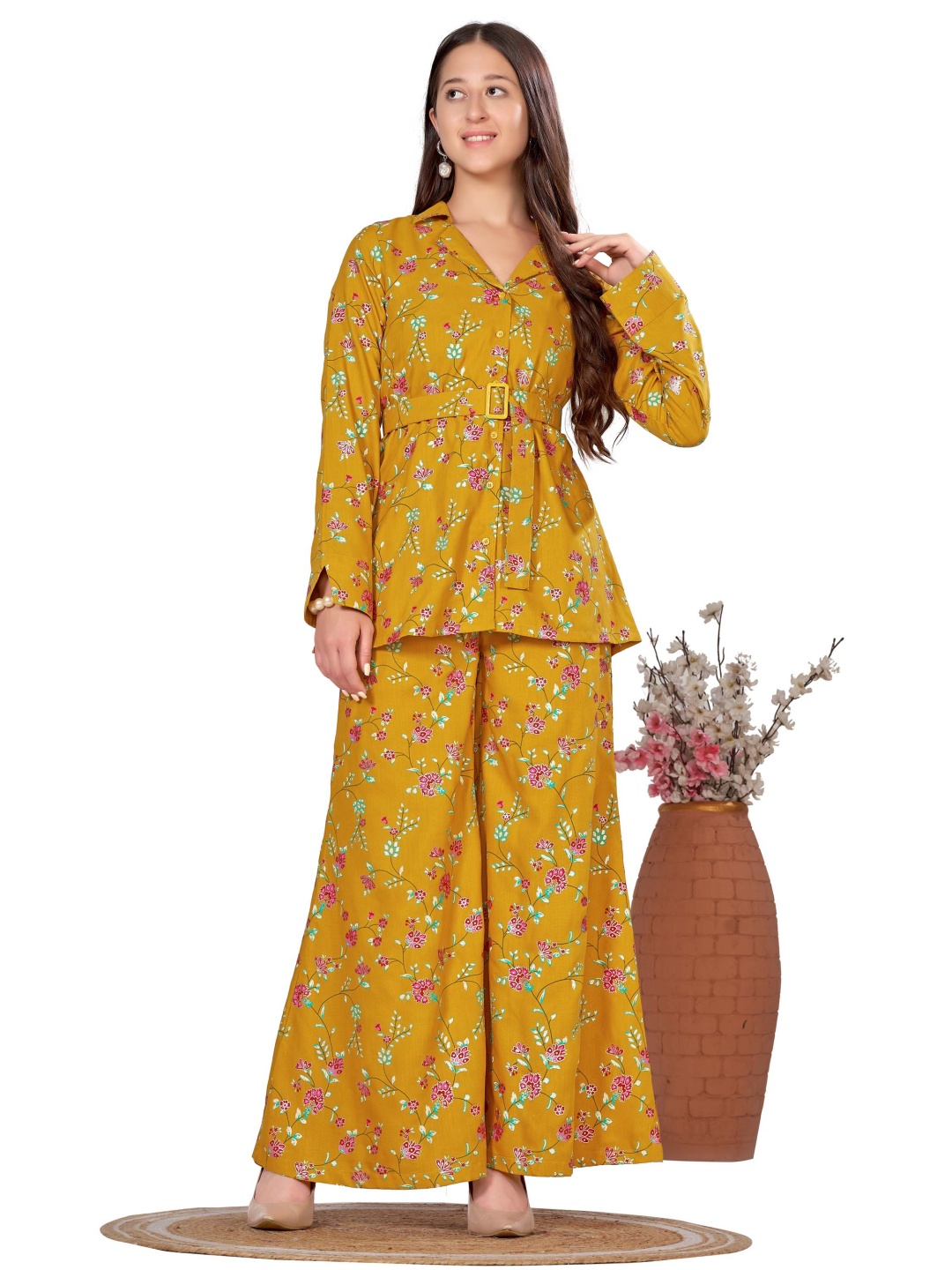 

FAB GALAXY Floral Printed Long Sleeves Shirt With Palazzo, Yellow