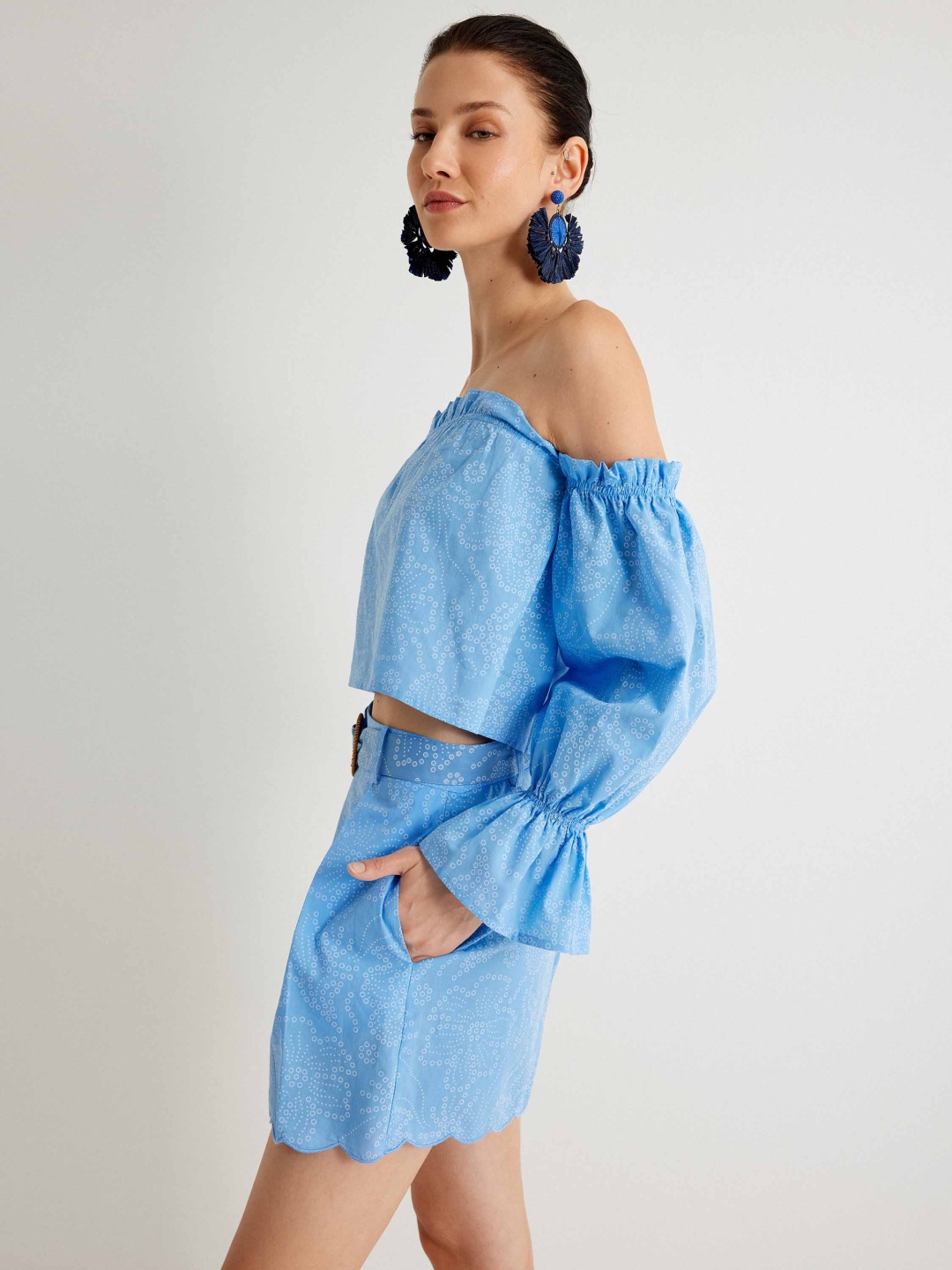 

Koton Off-Shoulder Bell Sleeve Cotton Bardot Top, Blue