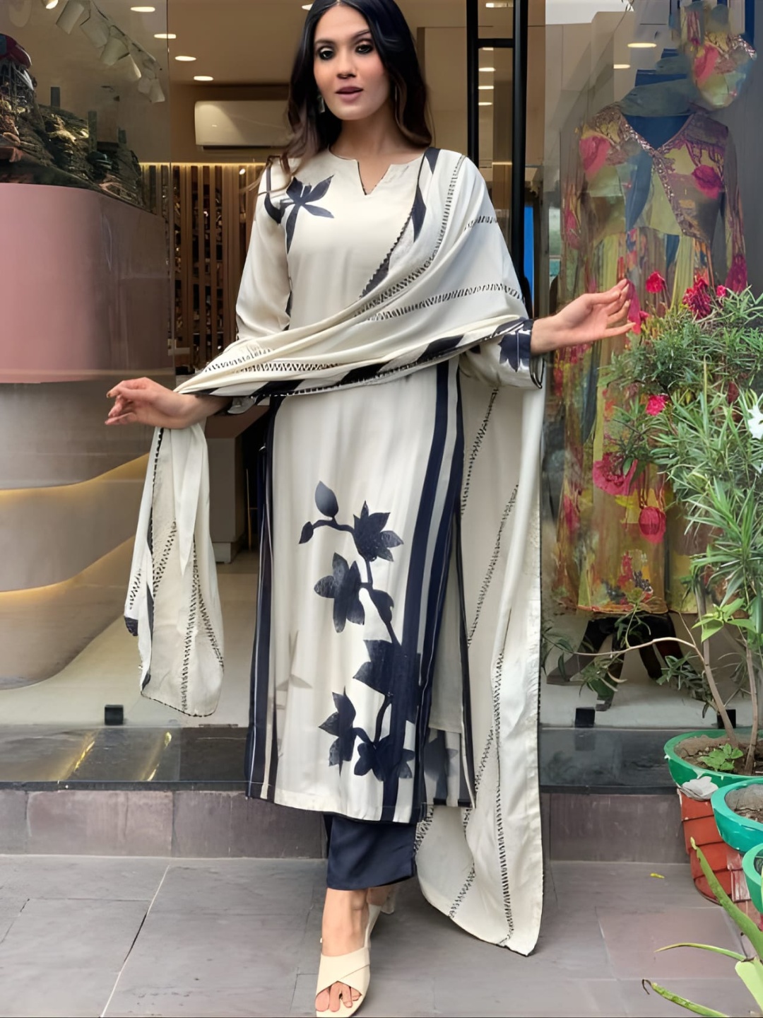 

HERE&NOW Floral Printed Regular Straight Kurta with Pyjamas & Dupatta, Off white