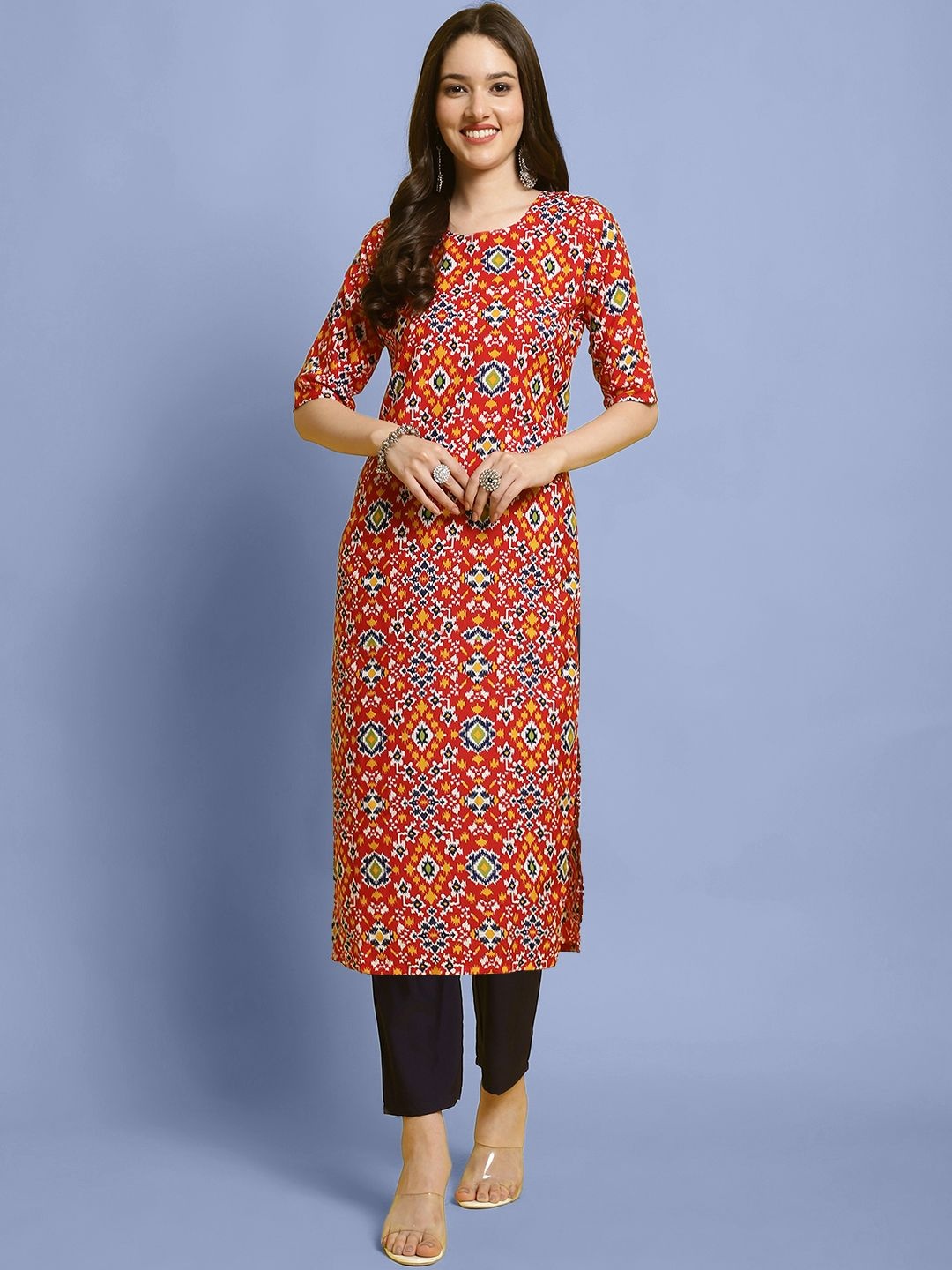 

7Threads Ethnic Motifs Printed Round Neck Straight Kurta With Trousers, Red