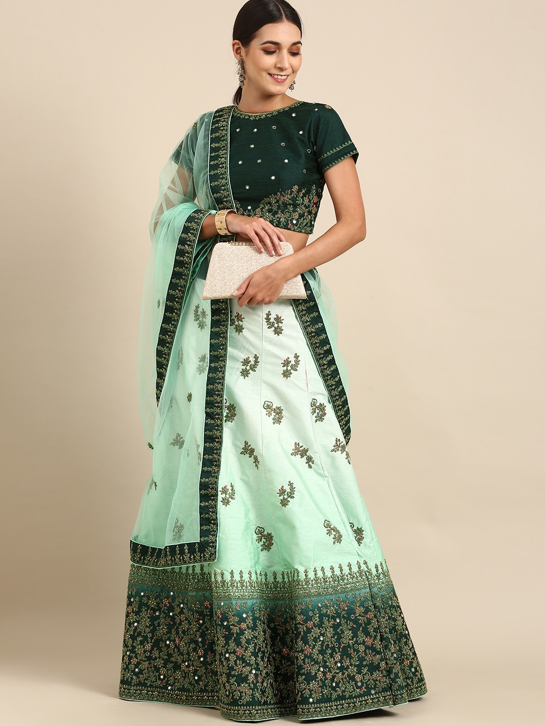 

KALINI Embroidered Thread Work Semi-Stitched Lehenga & Blouse With Dupatta, Green