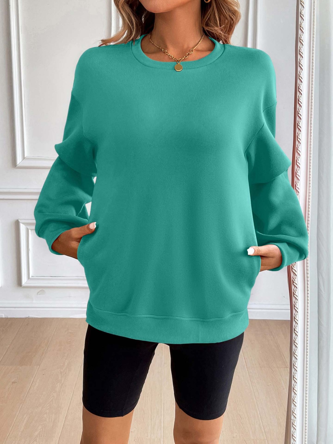

StyleCast x Revolte Women Solid Pullover Ribbed Casual Sweatshirt, Green