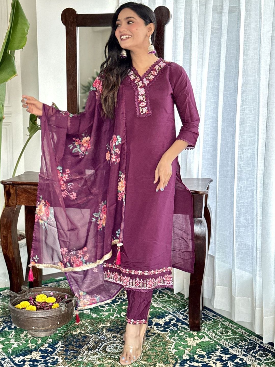

REALLTREND Floral Embroidered V-Neck Straight Kurta With Trousers & Dupatta, Violet
