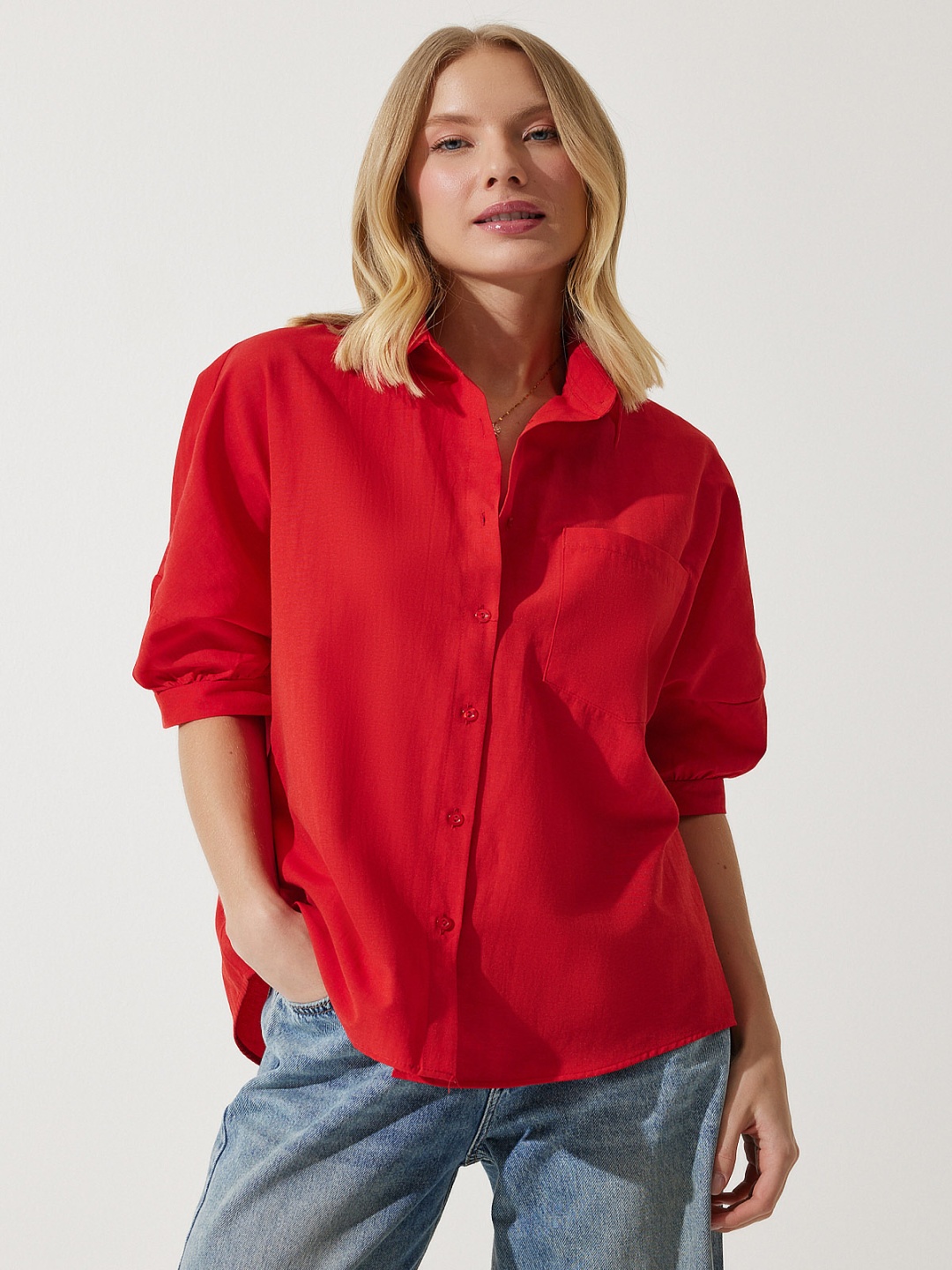 

Happiness istanbul Spread Collar Casual Shirt, Red