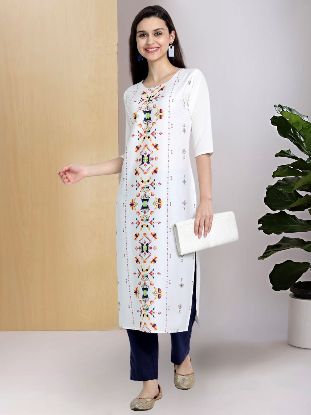 

7Threads Ethnic Motifs Printed Round Neck Straight Kurta, White