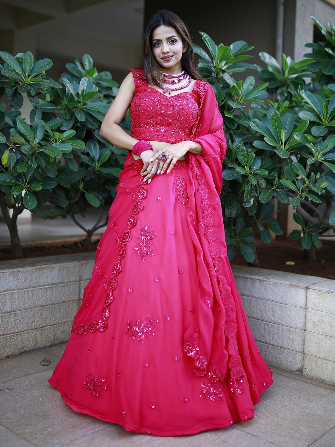 

FABPIXEL Floral Embroidered Sequinned Semi-Stitched Lehenga & Unstitched Blouse & Dupatta, Pink