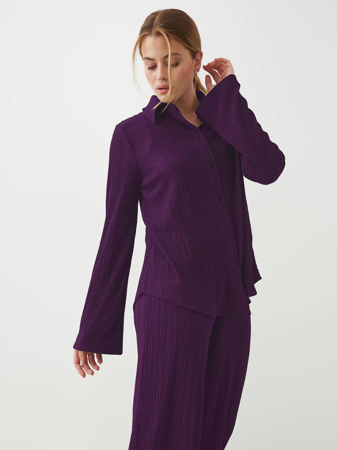 

Selvia Striped Shirt Collar Shirt With Palazzo, Purple