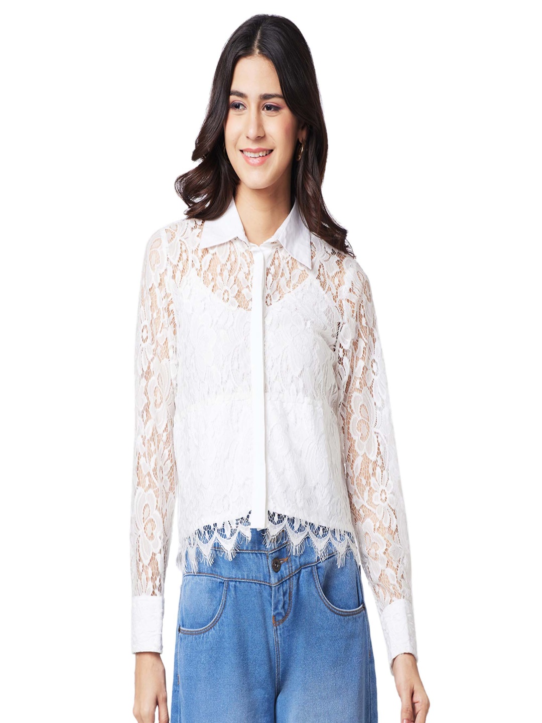 

IZEL Women Lace Cuffed Sleeves Shirt Style Top, White