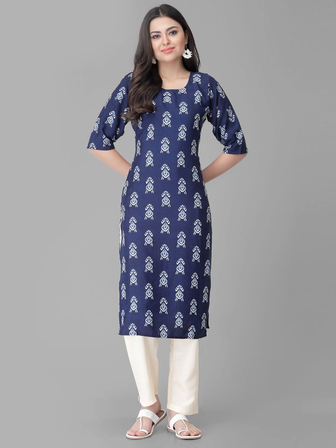 

7Threads Ethnic Motifs Printed Round Neck Straight Kurta With Trousers, Blue