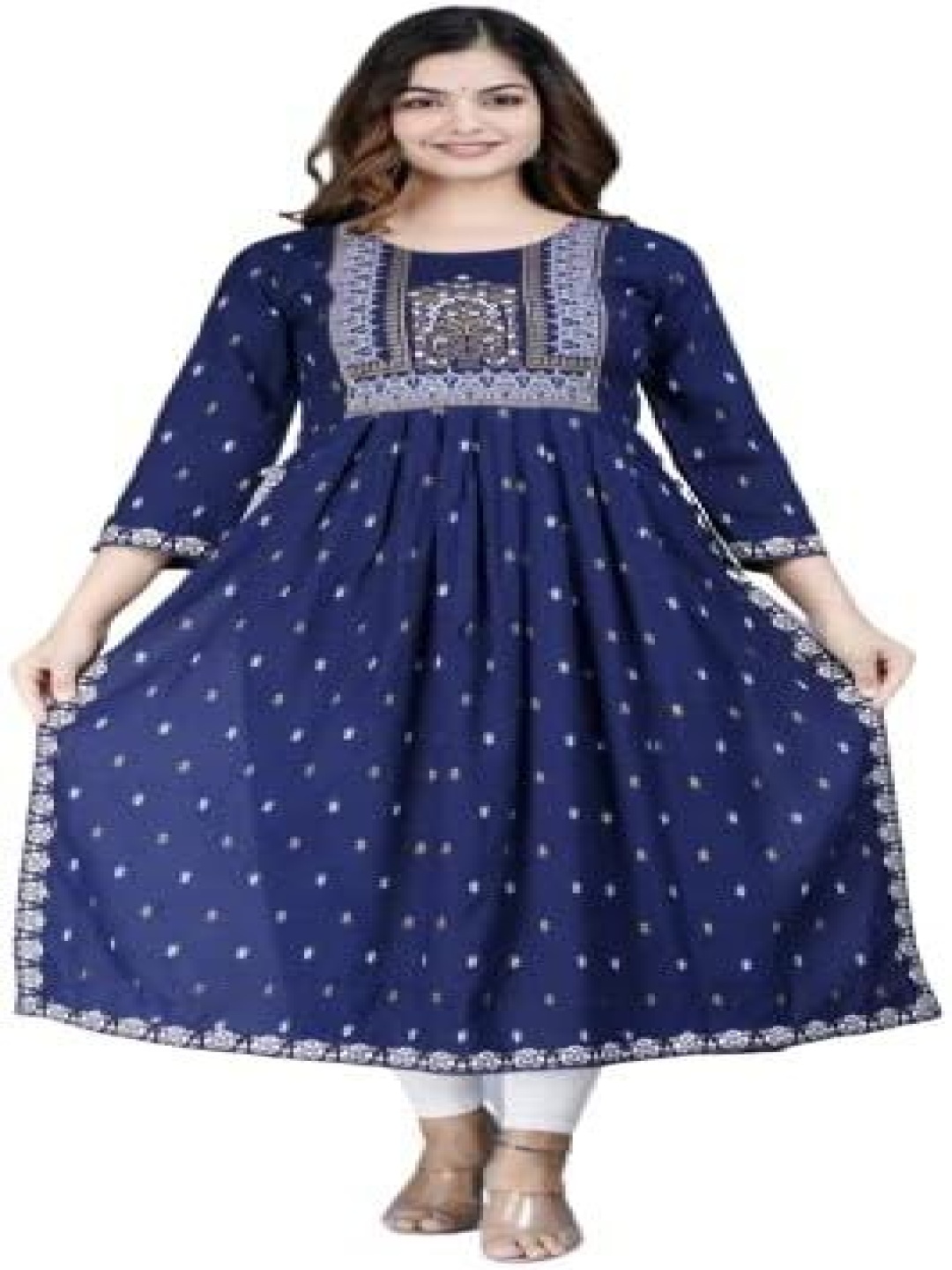 

Kraniky Apparels Floral Printed Round Neck Flared Sleeves Pleated Straight Kurta, Navy blue