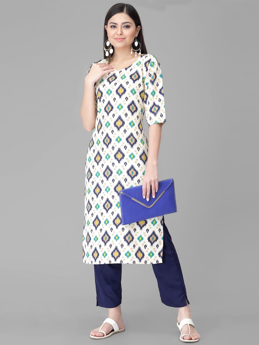 

7Threads Geometric Printed Round Neck Straight Kurta With Trousers, White