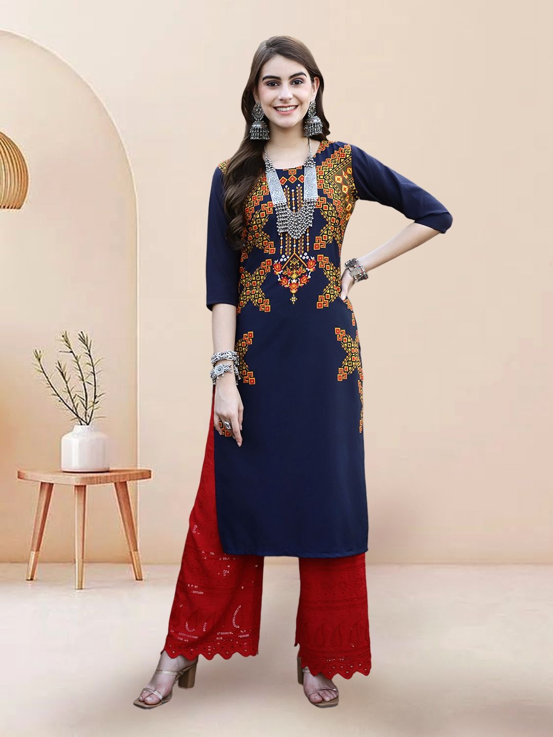 

7Threads Ethnic Motifs Printed Round Neck Straight Kurta, Navy blue