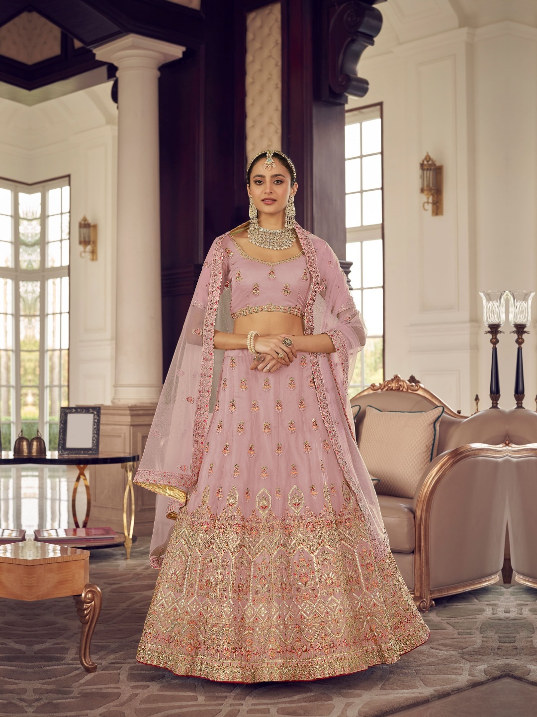 

Fusionic Embroidered Semi-Stitched Lehenga & Unstitched Blouse With Dupatta, Peach