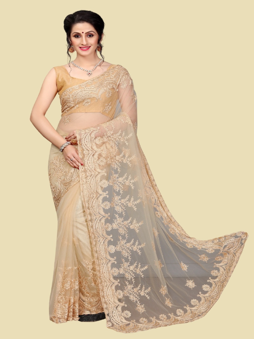 

Aika Ethnic Motifs Embroidered Net Saree, Cream