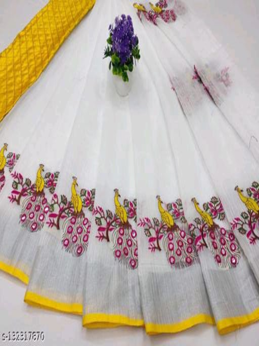 

QENY Ethnic Motifs Embroidered Chanderi Saree, White