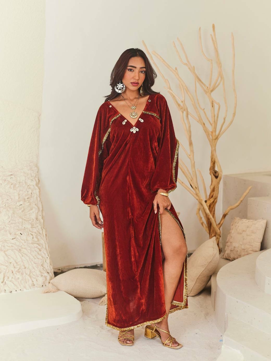 

Urban Suburban Puff Sleeve Velvet Kaftan Maxi Dress, Rust