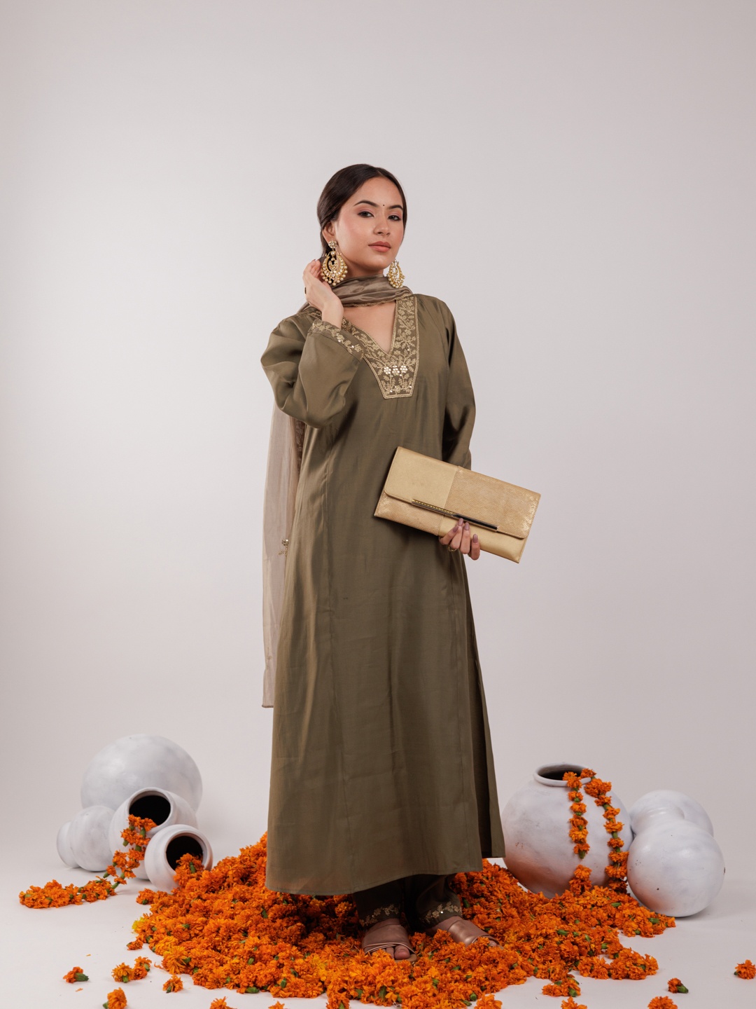 

Yufta Floral Yoke Design Panelled Sequinned Kurta With Trousers & Dupatta, Olive
