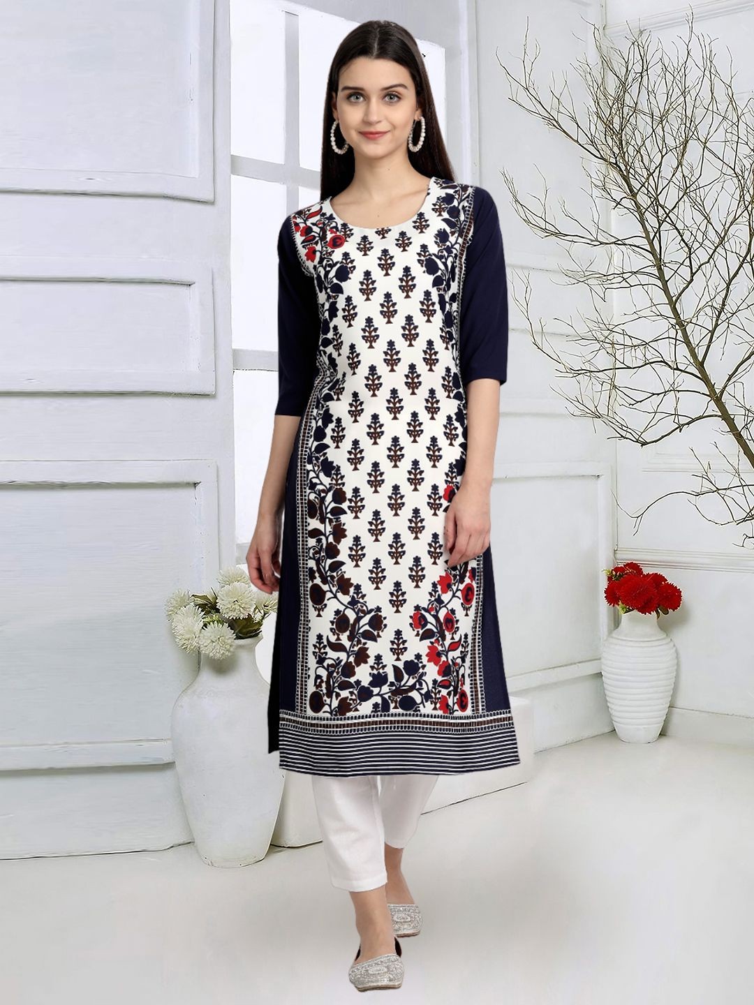 

7Threads Ethnic Motifs Printed Round Neck Straight Kurta, White