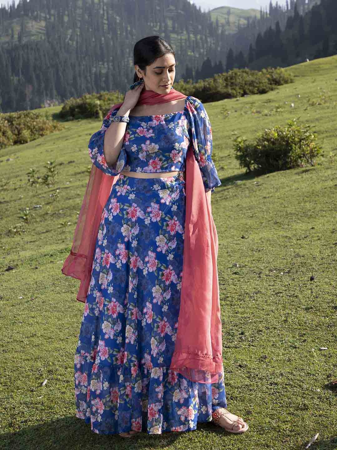 

AKS Printed Ready to Wear Lehenga & Blouse With Dupatta, Blue