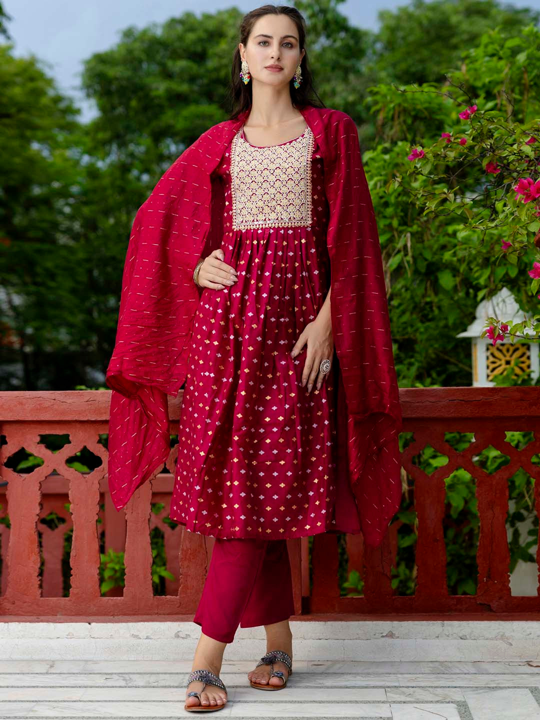 

VredeVogel Floral Embroidered Thread Work Chanderi Silk Straight Kurta Set, Purple