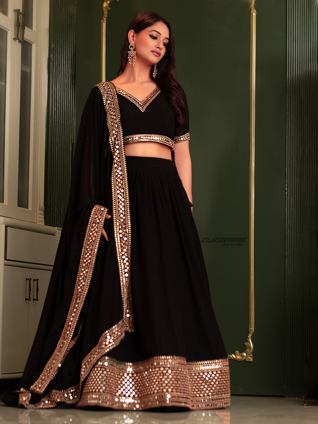 

FABPIXEL Embellished Sequinned Semi-Stitched Lehenga & Unstitched Blouse With Dupatta, Black
