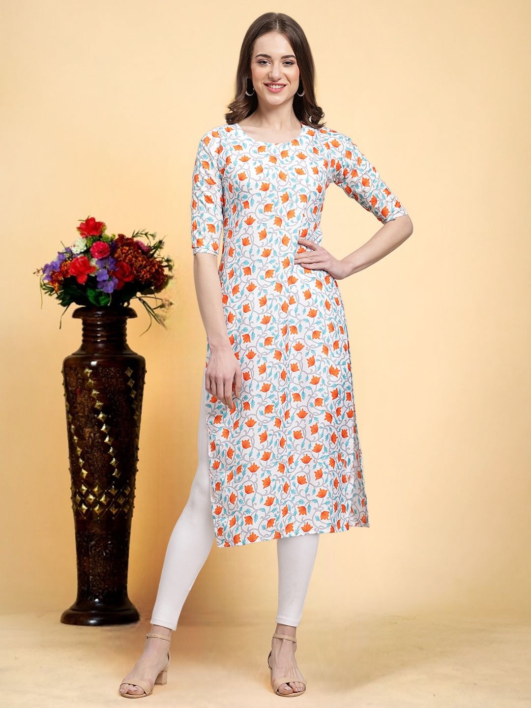 

7Threads Floral Printed Round Neck Machine Weave Straight Kurta, White