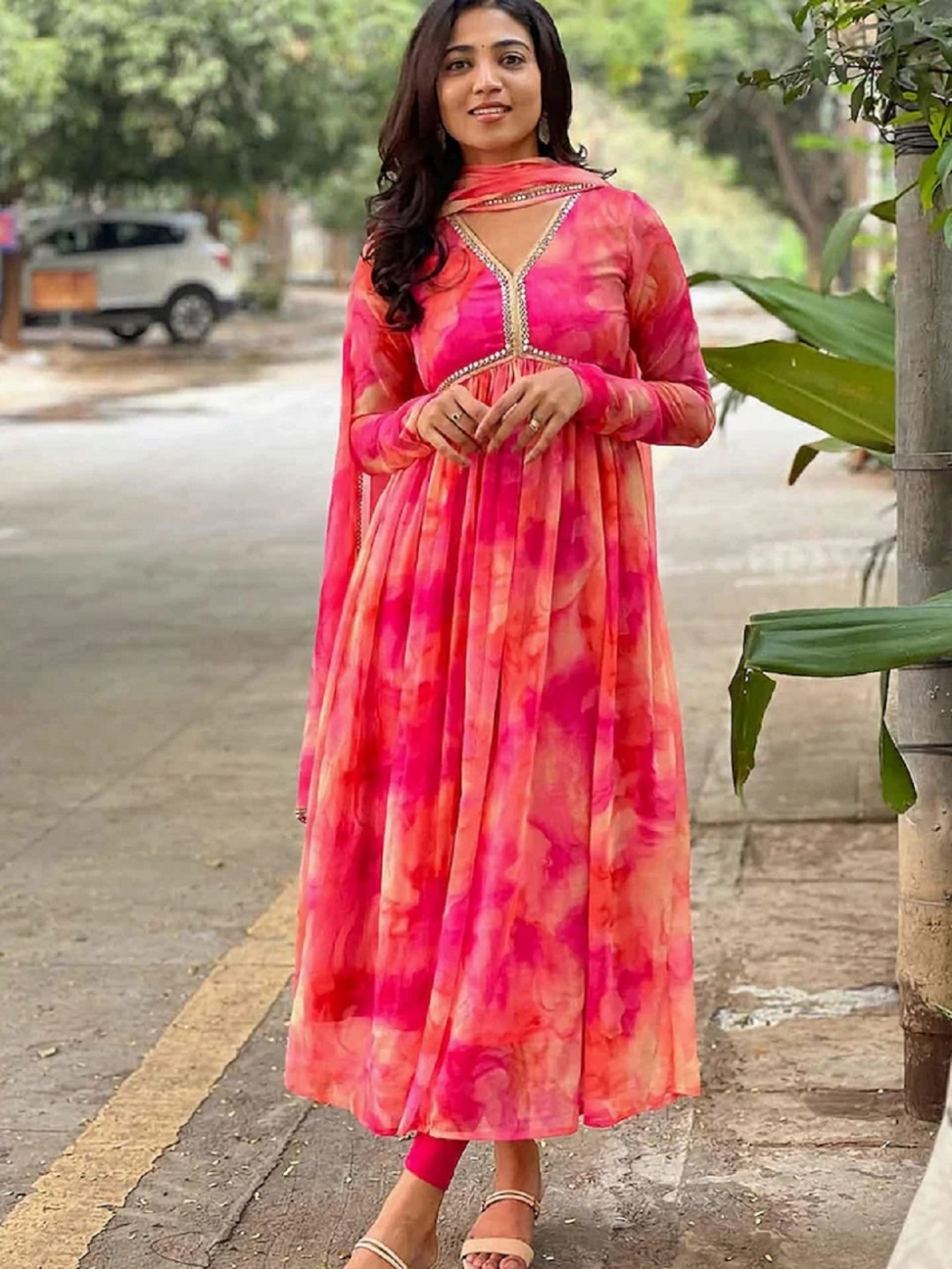 

APNISHA Women Tie and Dye Fit and Flare Ethnic Dresses, Coral