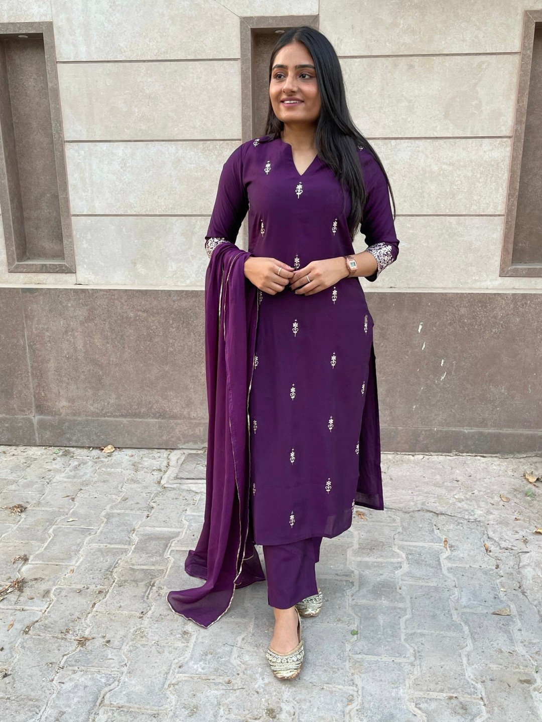 

KALINI Women Floral Embroidered Regular Thread Work Kurta with Trousers & With Dupatta, Purple