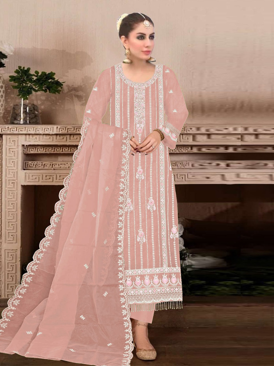 

ODETTE Floral Embroidered Sequinned Georgette Straight Kurta With Trouser & Dupatta, Peach