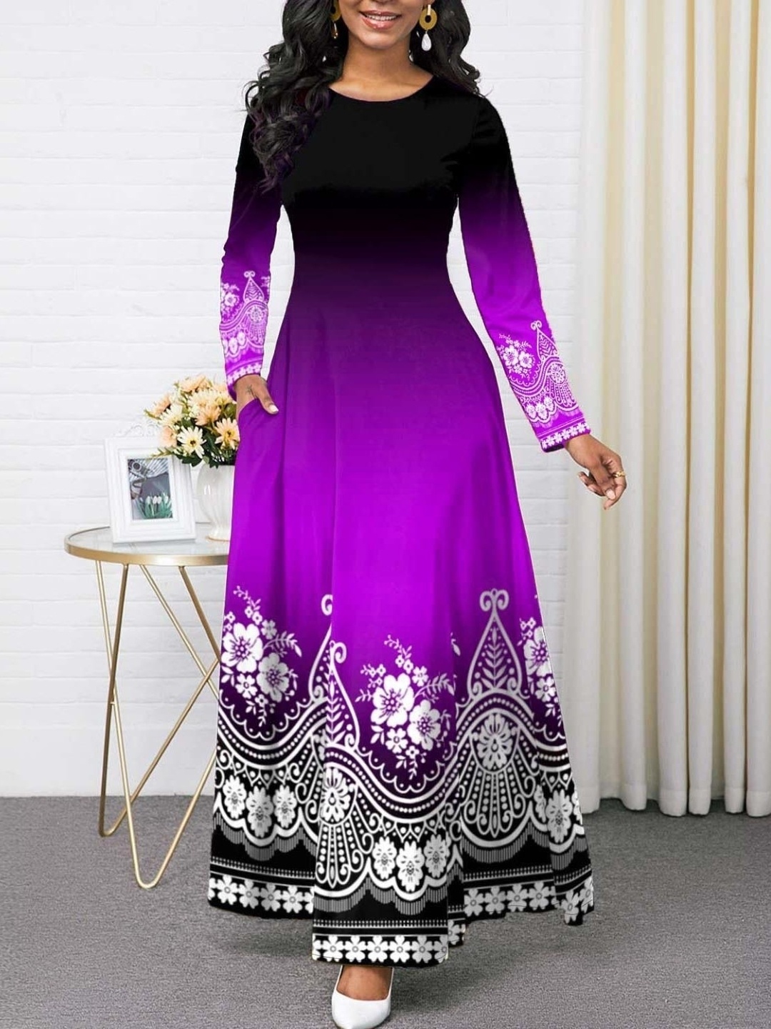 

KPOP Ethnic Motifs Print A-Line Maxi Dress, Purple