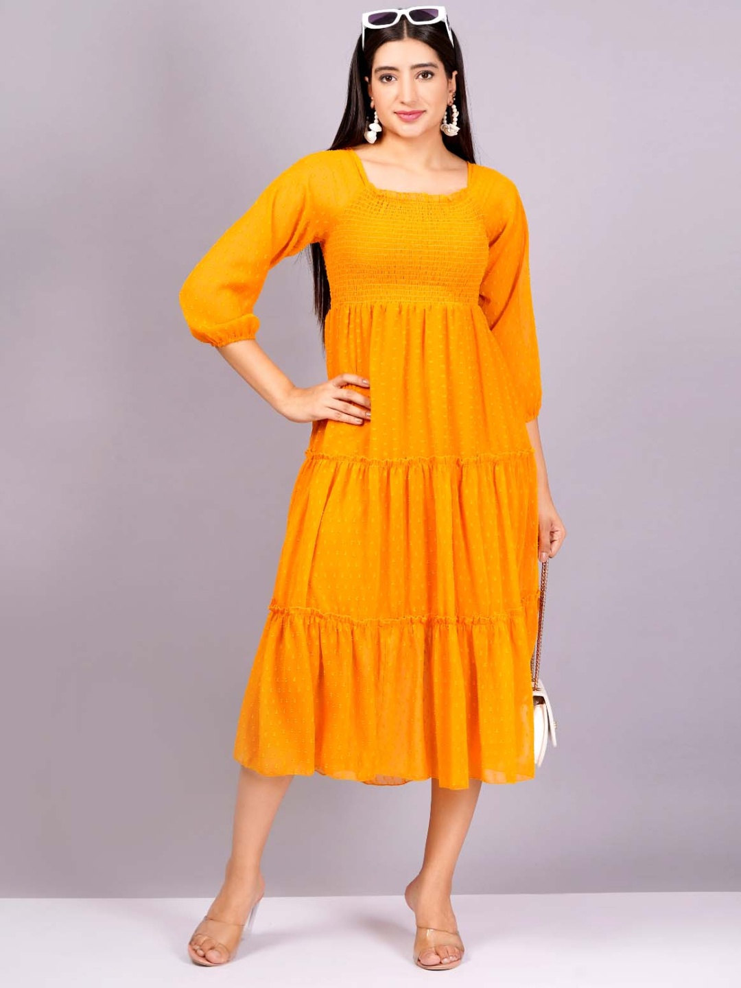 

JC4U Puff Sleeve Empire Midi Dress, Orange