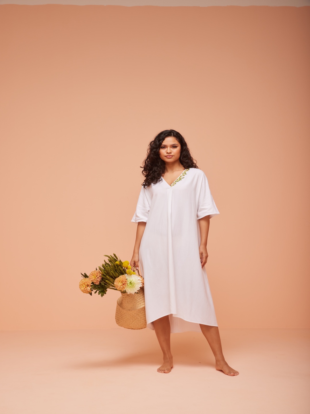 

ASHITA FERNANDES Women Floral Embroidered Linen A-Line Dress, White