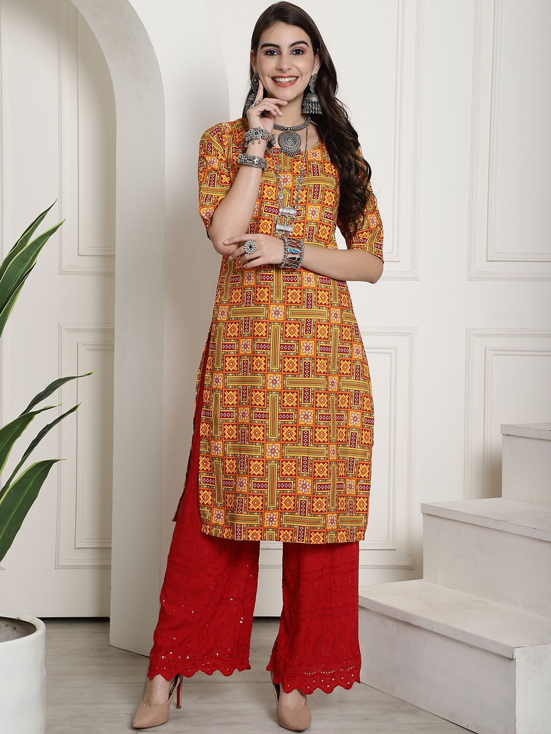 

7Threads Selection Of 6 Ethnic Motifs Printed Crepe Straight Kurtas, Mustard